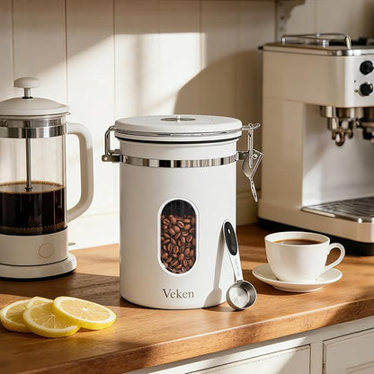 Veken Coffee Canister with Window, Airtight Stainless Steel Kitchen Food Storage Container with Lids, Date Tracker and Scoop for Ground, Beans, Tea, Flour, Cereal, Sugar Jars, 22OZ, White