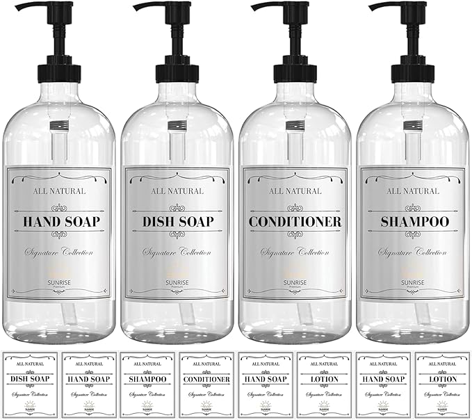 Sunrise Premium 16 OZ Clear Glass Soap Dispenser with Pump, Hand and Dish Soap Dispenser Set for Bathroom with 12 Waterproof Labels, Pack 4