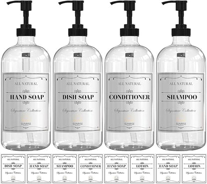 Sunrise Premium 16 OZ Clear Glass Soap Dispenser with Pump, Hand and Dish Soap Dispenser Set for Bathroom with 12 Waterproof Labels, Pack 4
