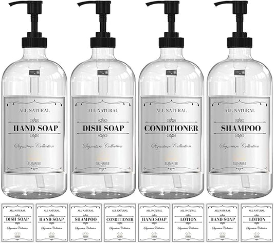 Sunrise Premium 16 OZ Clear Glass Soap Dispenser with Pump, Hand and Dish Soap Dispenser Set for Bathroom with 12 Waterproof Labels, Pack 4