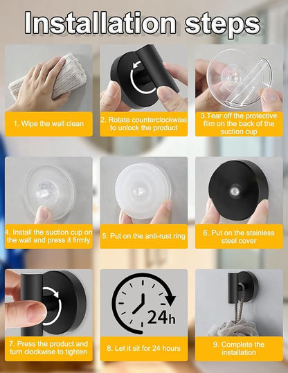 4-Pack Suction Cup Hooks, Heavy Duty 11lb Capacity Shower Hooks for Towels, No-Drill Mounting on Bathroom Glass Mirror Tiles & Smooth Non-Porous Surfaces (Black)