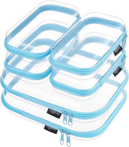 6 Pack Blue Clear Hard Shell Beauty Organizer (2M+4S), 1.2mm Heavy Duty Crush-Proof Cosmetic Case, Reinforced YKK Zippers, Stadium Approved Security Bag for Skincare & Electronics, Multi-Size Set