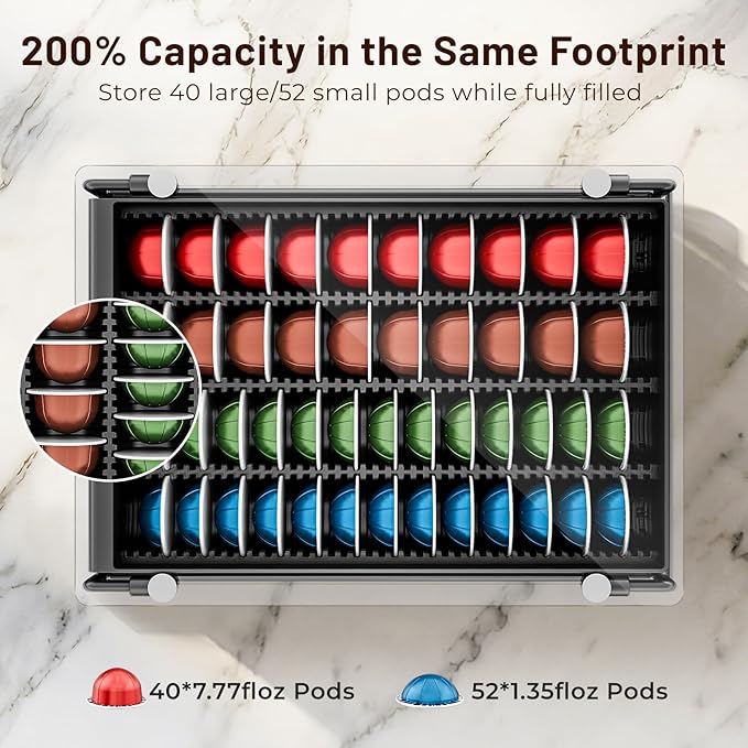 EVERIE Nespresso Vertuo Pod Holder Drawer, Coffee Pod Organizer with Universal Slots, Holds 40 Large or 52 Small Capsules, Tempered Glass Top Storage Drawer for Coffee Makers, 12" x 16.5" x 3.5"