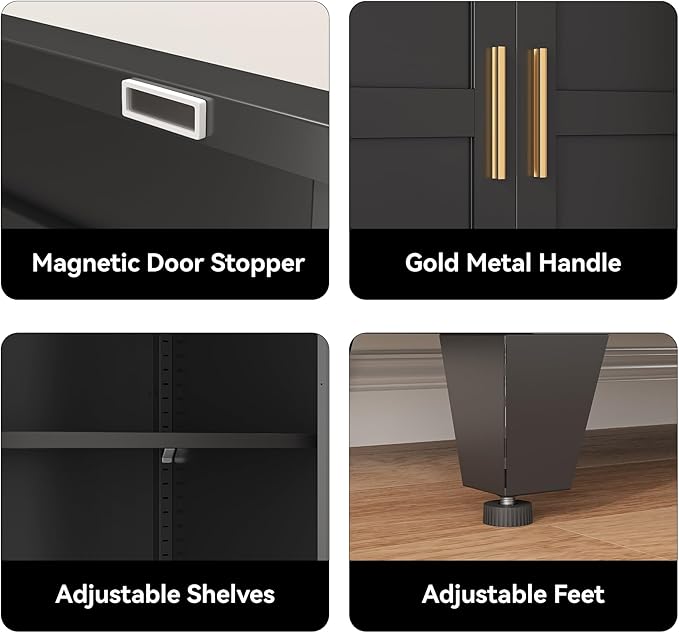 COFaR 61" Tall Pantry Cabinet in Black, Modern Storage Cabinet with Adjustable Shelves, Sturdy Metal Cupboard for Kitchen, Office, Living Room & Bathroom Organization
