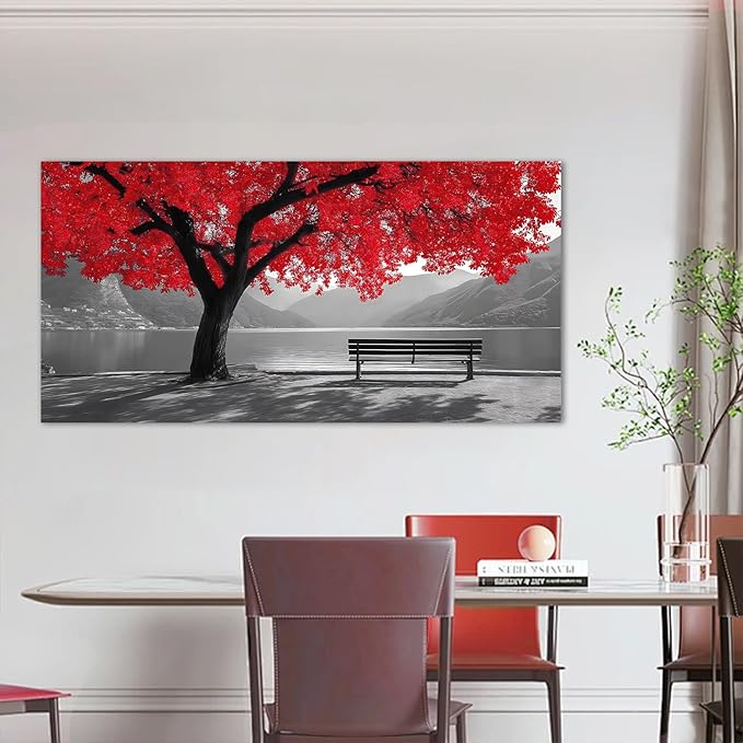 Tarfupth Black and White Red Large Tree of Life Wall Art for Living Room Mountain Artwork Landscape Lake Pictures for Bedroom Office Home Decor Modern Canvas Prints 20"x40"
