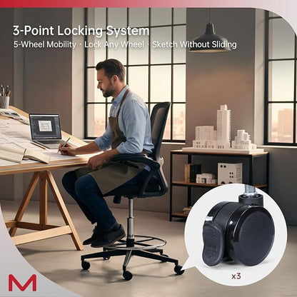 Drafting Chair for Standing Desk with Locking Casters, Tall Office Chair with Foot Ring, High Back Ergonomic Drafting Stool, Flip-Up Arms, Adjustable Lumbar Support, 300 Lbs Capacity