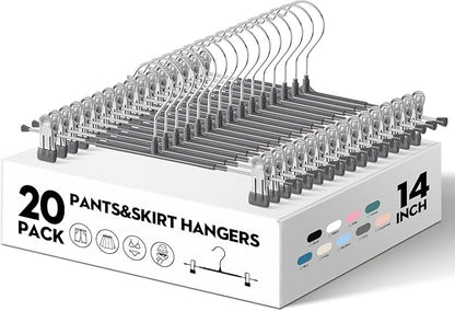 20PACK 14Inch Pants Hangers with Clips Adjustable Skirt Hangers for Women Metal Non-Slip Trousers Hanger Heavy Duty Space Saving Clothes Hanger for Shorts,Jeans,Gray