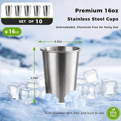 10 Pack 16 oz Stainless Steel Pint Cups,Stainless Steel Cup,Pint Cup Tumbler，water Tumbler,Stackable,Reusable,BPA Free