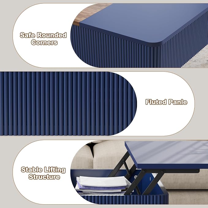 HLR 47" Dual Lift Top Coffee Table with Storage, Modern Wood Fluted Coffee Table with Hidden Compartment,Lift Tabletop Dining Center Table for Living Room, Office, Blue