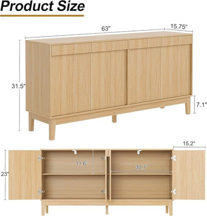 Scurrty Modern Buffet Cabinet with Storage,Wood Color Buffet with Adjustable Shelf and 4 Doors, Natural Wood Grain Accent Cabinet for Living Room & Kitchen