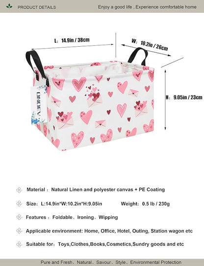 Rectangular Folding Laundry Basket,waterproof Canvas Basket,Gift Basket,Suitable for Children's Room,Office,Clothes,Toys Storage(Pink Love)