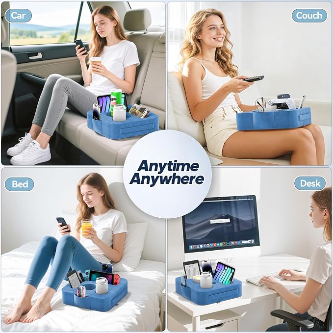 Couch Cup Holder Pillow, Sofa and Bed Organizer Caddy for iPad, Kindle, Switch, Game Controller, Remotes, Phones, Small-Sized Cup & Drink Holder for Couch, Bed, Desk, Car, Desk, Beach, Blue