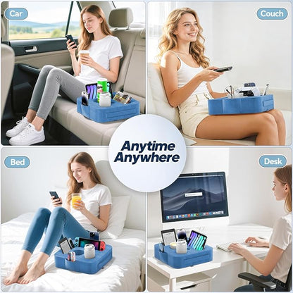 Couch Cup Holder Pillow, Sofa and Bed Organizer Caddy for iPad, Kindle, Switch, Game Controller, Remotes, Phones, Small-Sized Cup & Drink Holder for Couch, Bed, Desk, Car, Desk, Beach, Blue
