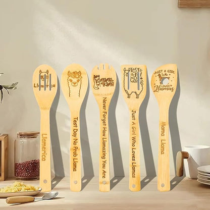 5PCS Llama Wooden Cooking Spoons Llama Gifts Llama Decor Llama Gifts for Women Llama Kitchen Decor Gifts for Llama Lovers llamas Stuff Housewarming Wedding Cooking Bamboo Cooking Spoons