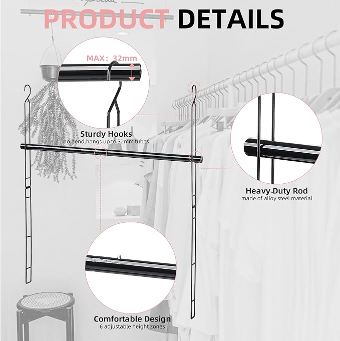 Closet Extender Hanging Rod 46.9in Closet Hanging Rod Heavy Duty Closet Organizer 6 Height Adjustble Closet Rod Extender, Closet Rods for Hanging Clothes, Black