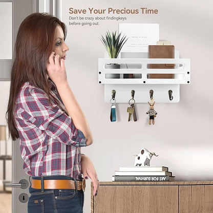 Key Holder Wall Mount Farmhouse Key Hooks for Wall with Mail Organizer Decorative Key Rack with 4 Sturdy Hooks for Dog Leash, Sunglasses, Rustic, Paulownia Key Hanger for Entryway