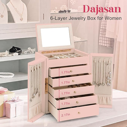 Dajasan Jewelry Box for Girls Women, 6-Tier Large Jewelry Organizer Box, Jewelry Storage Organizer, Jewelry Gift Box for Christmas, Valentine's Day, Birthday, Mother's Day (Pink)
