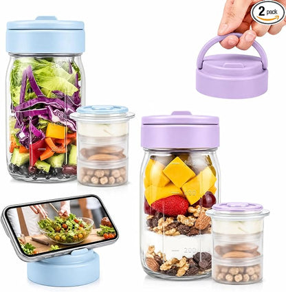 TQRR 32 OZ 4 Pack Overnight Oats Containers with Lids, Glass Storage Jar with Dry and Wet Separation, Leakproof Wide Mouth Mason Jars, Glass Jars with a Handle for Salads,Yogurt (2, Blue & Purple)