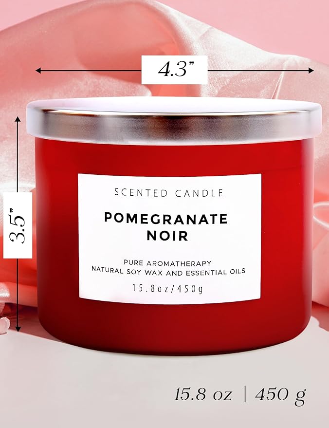 Pomegranate Noir Vanilla 3 Wick Candle | Highly Scented Natural Soy Candle 15.8 oz | Aromatherapy Stress Relief Candle Long Lasting & Clean Burn | Luxury Relaxing Gift for Home, Women & Men