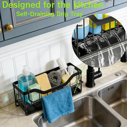 SWILLE Sponge Holder for Kitchen Sink - Sink Caddy Organizer with Auto Drain Tray, Detachable Towel Rack, Stainless Steel Kitchen Counter Organizer Rack, Black