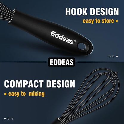 Eddeas Mini Silicone Whisk, Small Silicone Whisk 7+9in, BPA free Non Scratch Coated Protect your Ceramic Pots and Pan.Perfect for Whisking, Beating, Mixing.Black