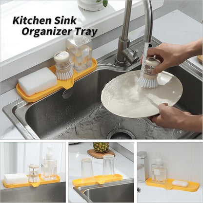 MicoYang Silicone Soap Dish with Drain Spout — Self-Draining Double Sink Organizer Tray for Kitchen & Bathroom, Dispensers, Sponges & Soap Holder, Non-Slip & Dishwasher Safe, Yellow (Large, 12"×4")