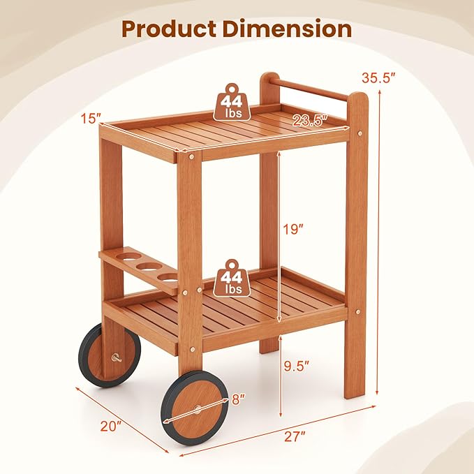 Giantex Wood Bar Cart, 2 Tier Side Table with Large Wheels & Wine Bottle Rack, Home Bar Serving Cart with Teak Oil Finish, Indoor & Outdoor Mobile Beverage Cart for Home, Poolside, Patio