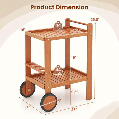 Giantex Wood Bar Cart, 2 Tier Side Table with Large Wheels & Wine Bottle Rack, Home Bar Serving Cart with Teak Oil Finish, Indoor & Outdoor Mobile Beverage Cart for Home, Poolside, Patio