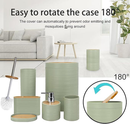 CERBIOR Bathroom Accessories Set 6 Piece Bamboo Bath Ensemble Includes Soap Dispenser, Toothbrush Holder, Toothbrush Cup, Soap Dish for Decorative Countertop and Housewarming Gift, Sriral Green