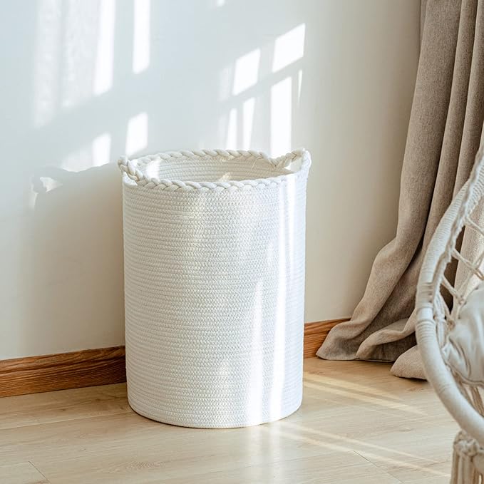 Homlikelan 58L Woven Laundry Basket,Cotton Tall Laundry Hamper for Blankets,Clothes,Pillows,Toys,Shoes Large Laundry Bin White
