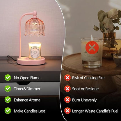 MEIXISUE Pink Candle Warmer Lamp with Timer and Dimmer,Gifts for Mom/Wife, Melt Wax Warmer Lamp with 2 Bulbs for Candle Jars House Warming New Home Decor