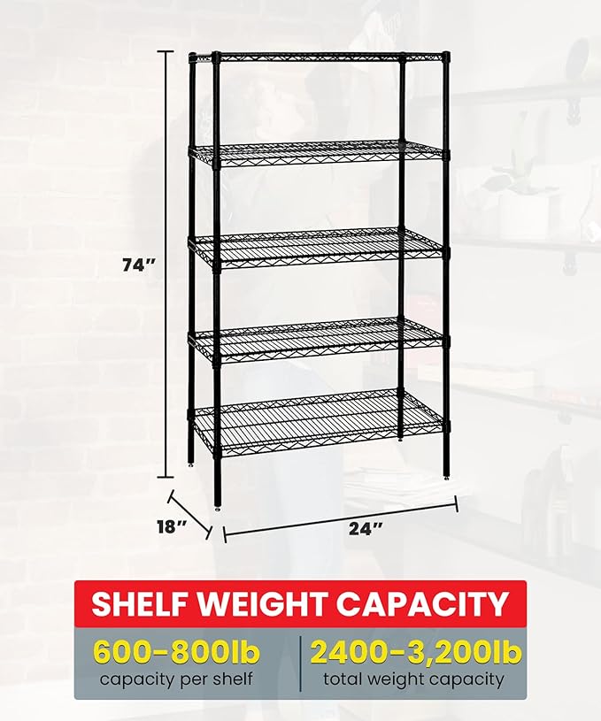 Quantum Storage Systems WR74-1824BK Starter Kit for 74" Height 4-Tier Wire Shelving Unit, Black Finish, 18" Width x 24" Length x 74" Height
