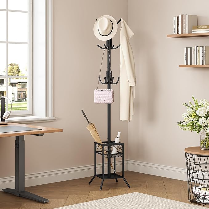 ELYKEN Coat Rack Freestanding, Metal Coat Rack Stand with Umbrella Holder, Modern Coat Tree with 12 Hooks, Floor Standing Corner Hall Tree for Entryway Living Room Bedroom Office, Black