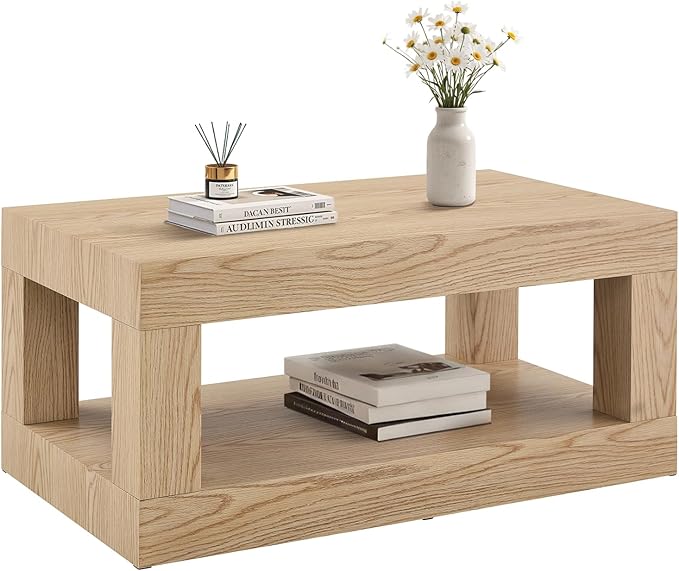 LKTART 39.37" Coffee Table with Storage, 2-Tier Mid Century Rectangular Accent Table with Thick Tabletop, Rustic Style Cocktail, Center Table for Living Room, Office, Apartment (Natural)