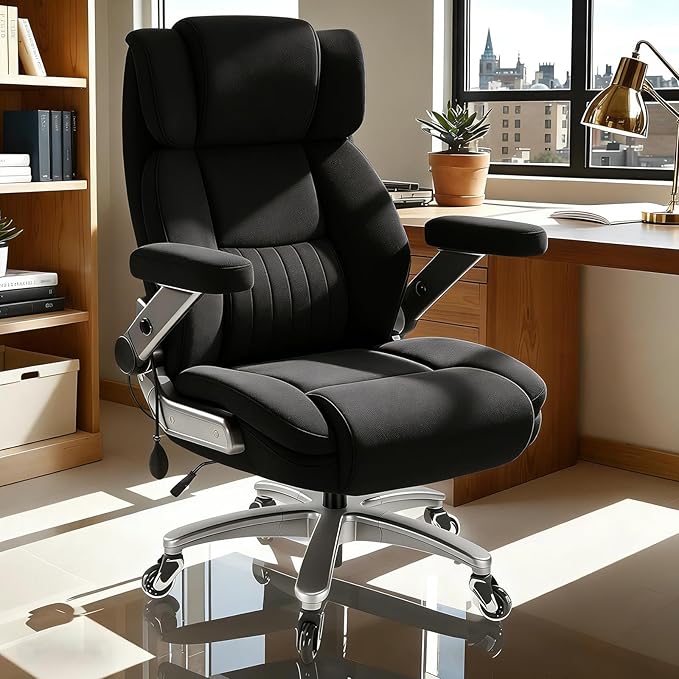 600LBS Fabric Big and Tall Executive Office Chair with 5D Flip Arms and Pocket Spring Cushion, Ergonomic Heavy Duty Desk Chair with Lumbar Support,High Back Cloth Computer Chair,Rubber Wheels