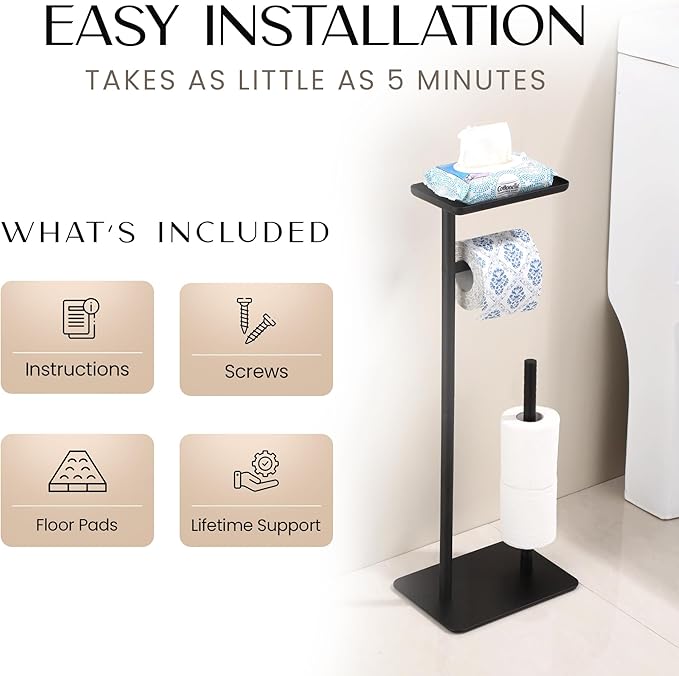 Day Moon™ Matte Black Toilet Paper Holder Free Standing Toilet Paper Holder with Storage - Toilet Paper Stand and Tissue Holder for Bathroom - Toilet Paper Holder with Shelf and Wipe Holder
