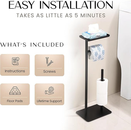 Day Moon™ Matte Black Toilet Paper Holder Free Standing Toilet Paper Holder with Storage - Toilet Paper Stand and Tissue Holder for Bathroom - Toilet Paper Holder with Shelf and Wipe Holder