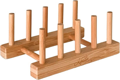 KOZY Dish Drying Rack Handmade Dishware Plate Holder Natural Bamboo Drainer Stand - Wooden Finish- Holds Plates Bowls Mugs Cups Cutting Board (Natural Bamboo- Plate Holder)