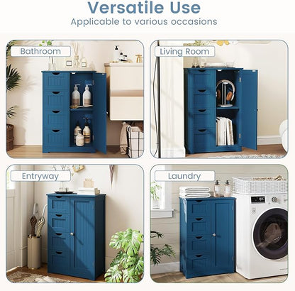 Tangkula Bathroom Floor Cabinet, Freestanding Storage Cabinet with 4 Drawers & Single Door, Adjustable Shelf, Multipurpose Bathroom Storage for Home Office, 21.5 x 12 x 32.5 Inches (Blue)