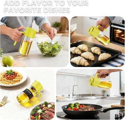 17oz/500ml Premium Olive Oil Sprayer for Cooking, 2 in 1 Glass Olive Oil Dispenser Bottle for Kitchen Gadgets, Spray Bottle with Portion Control for Salad, Frying, BBQ (Lime Yellow)
