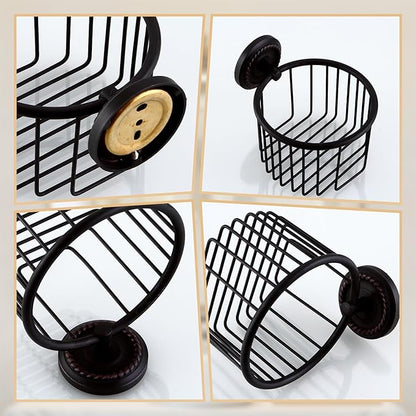 Vintage Wall-Mounted Toilet Paper Holder with Wire Basket Design, Oil-Rubbed Bronze, Wall-Mounted Bath Hand Towel Holder with Braiding Carvings, Vintage Style.