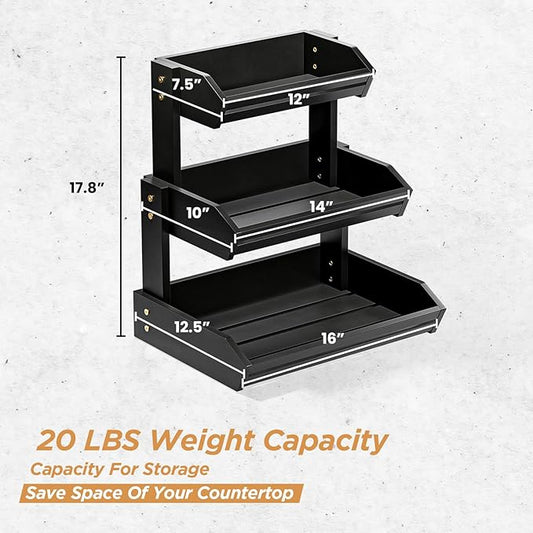 HOLANA Acacia 3 Tier Fruit Basket for Counter – Wooden Fruit Bowl for Kitchen Counter Organizer, Produce Storage Wooden Basket, Snack Organizer for Countertop & Kitchen Counter Storage (Black)