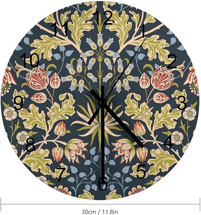 Retro Floral Wall Clock, Vintage William Morris Style Flowers and Foliage Round Clocks Wall Decor Silent No Ticking 12 Inch Wooden Clock for Bedroom Living Room Home Office