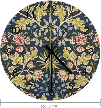 Retro Floral Wall Clock, Vintage William Morris Style Flowers and Foliage Round Clocks Wall Decor Silent No Ticking 12 Inch Wooden Clock for Bedroom Living Room Home Office