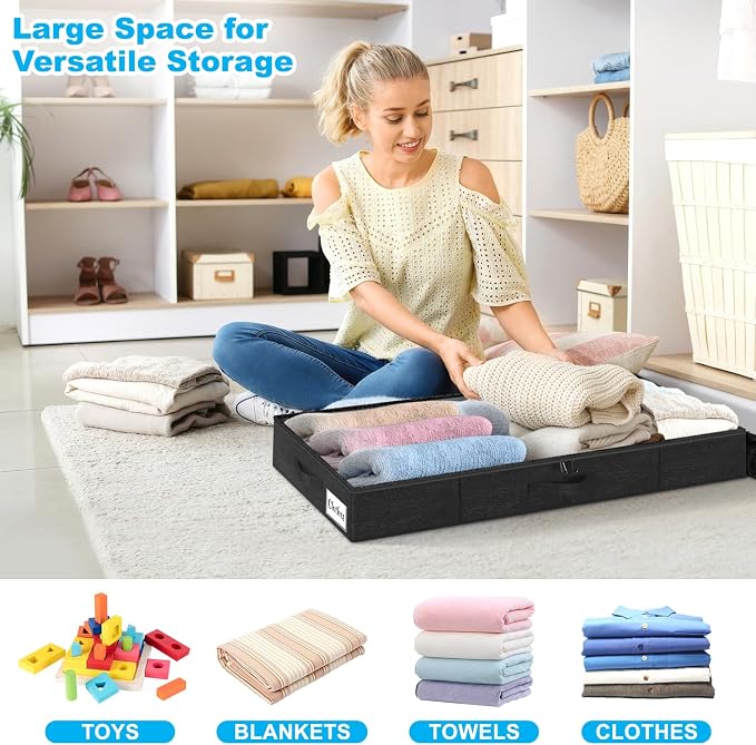 Under Bed Storage Container Bins 2 Pack, 5 Inch Thin Low Profile Underbed Clothes Storage Organizer for Dorm & Home, Use for Blanket and Toy Storage Box W/ Sturdy Bottom/Sides, Foldable Thick Fabric
