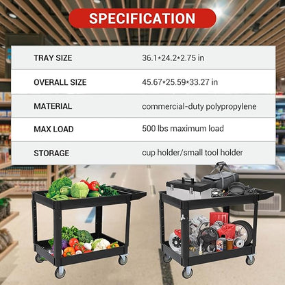 2-Shelf Foldable Utility Cart, 45"X25" Rolling Service Cart with 500LB Capacity, Heavy-Duty Storage Cart with Wheels for Warehouse, Garage, Home Use,Black