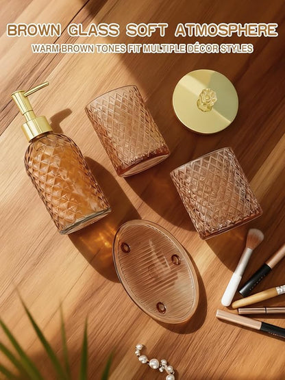 Haturi Amber Brown Bathroom Accessories Set, 4Pcs Glass Bathroom Accessory Set Complete w/Soap Dispenser, Toothbrush Holder, Qtip Holder, Soap Dish, Gold Bathroom Decor Sets, Gift for Home Apartment