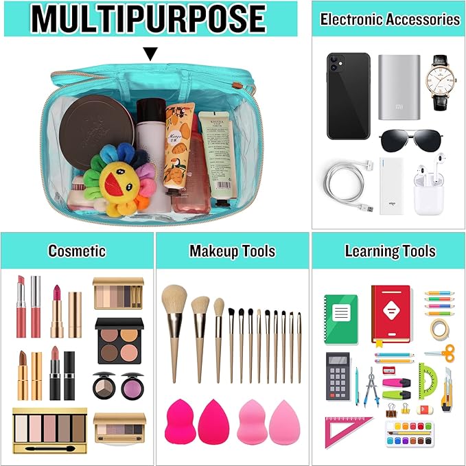 Chenille Letter Clear Makeup Bags Hair Pouch, Preppy Patch Makeup Bag Zipper with Handle, Transparent PVC & Nylon Waterproof Glitter Cosmetic Handbag Travel Toiletry Storage for Women Girl(HAIR-Green)