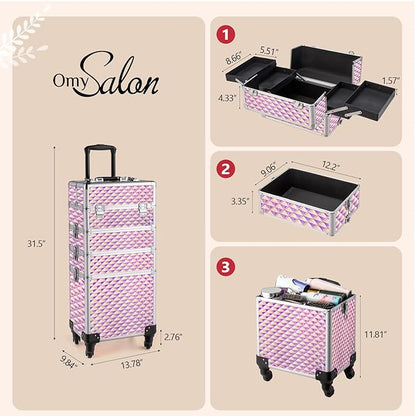 mefeir 4-in-1 Rolling Makeup Train Case Lift Handle,4 Removable Wheels Lockable Keys,Aluminum Cosmetic Trolley Beauty Stylist Artist Organizer Box,Ideal Xmas New Year Gift (Diamond Pink)