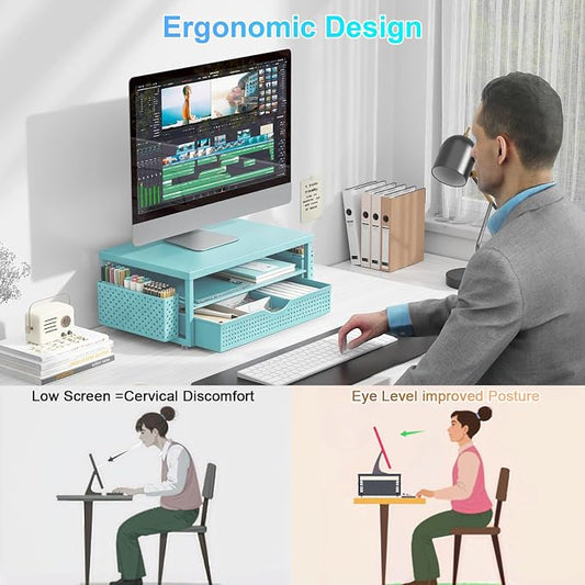 gianotter Desk Organizers and Accessories, Monitor Stand with Drawer and 2 Pen Holder, Desktop Organizer Suitable for Offices and Dormitories (Blue-Plain)
